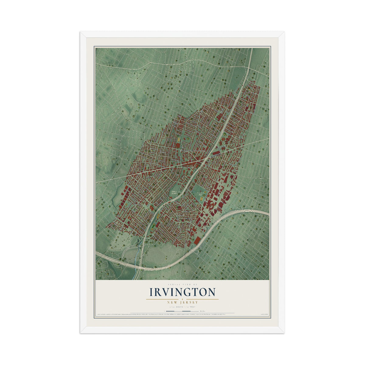 Irvington, New Jersey map print, 12" x 18" W/ White Ayous Wood Frame mockup
