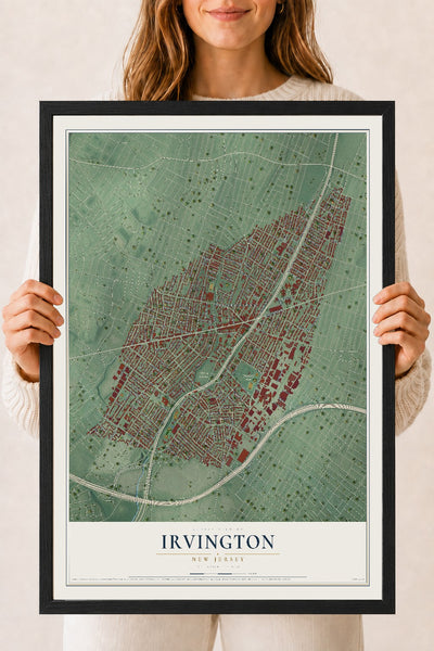 Irvington, New Jersey map print, 18" x 24" W/ Black Ayous Wood Frame mockup