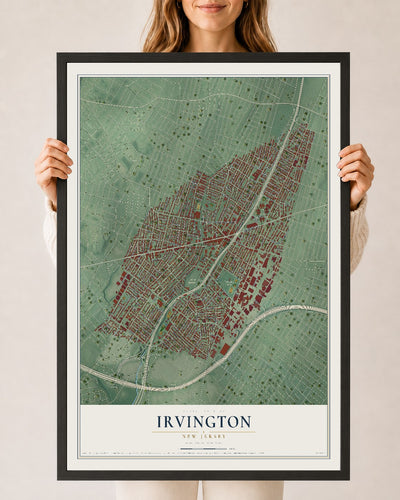 Irvington, New Jersey map print, 24" x 36" W/ Black Ayous Wood Frame mockup
