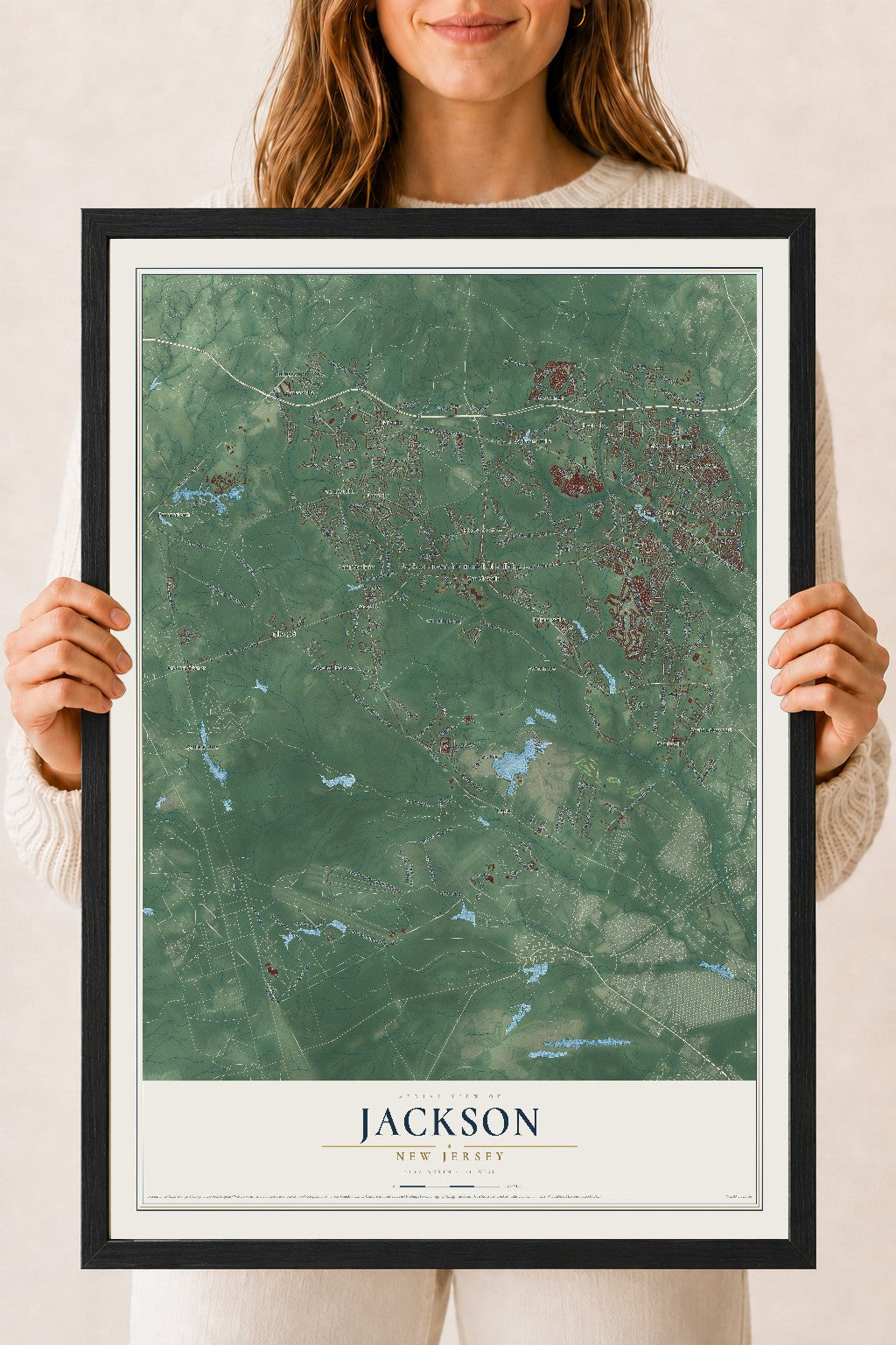 Jackson, New Jersey map print, 18" x 24" W/ Black Ayous Wood Frame mockup