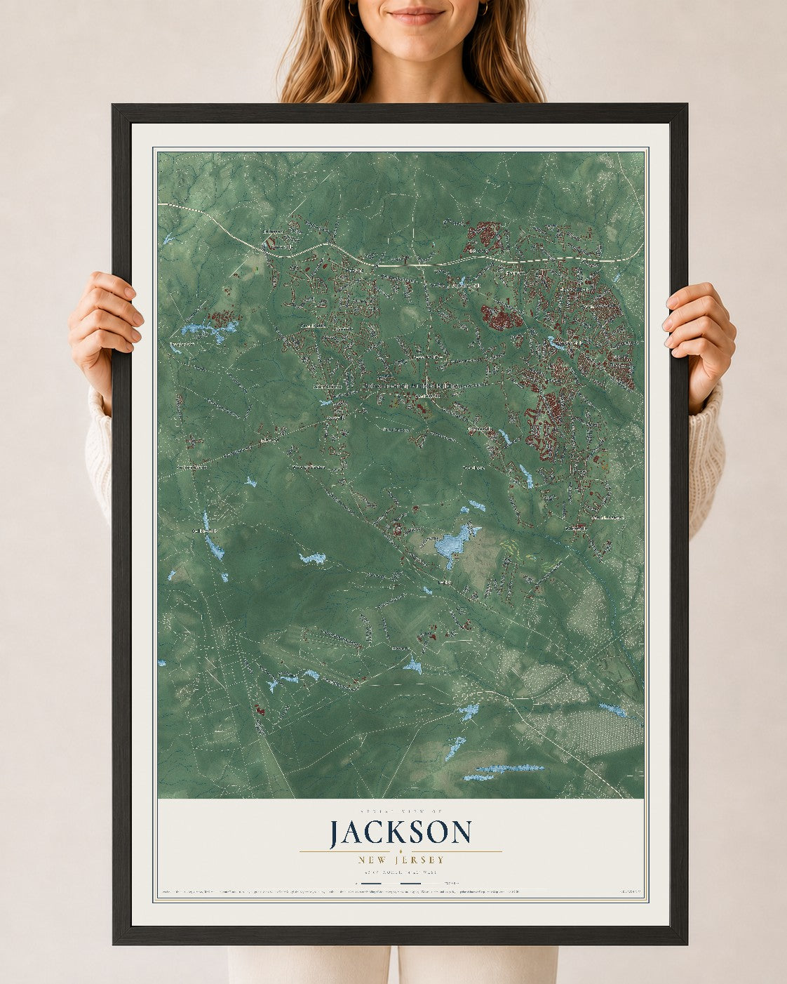 Jackson, New Jersey map print, 24" x 36" W/ Black Ayous Wood Frame mockup