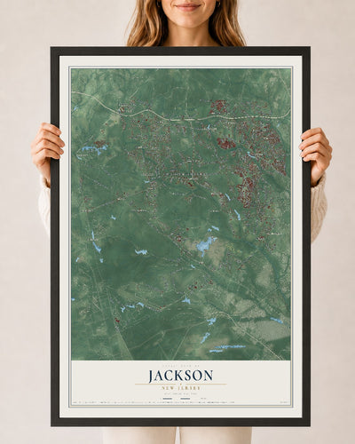 Jackson, New Jersey map print, 24" x 36" W/ Black Ayous Wood Frame mockup