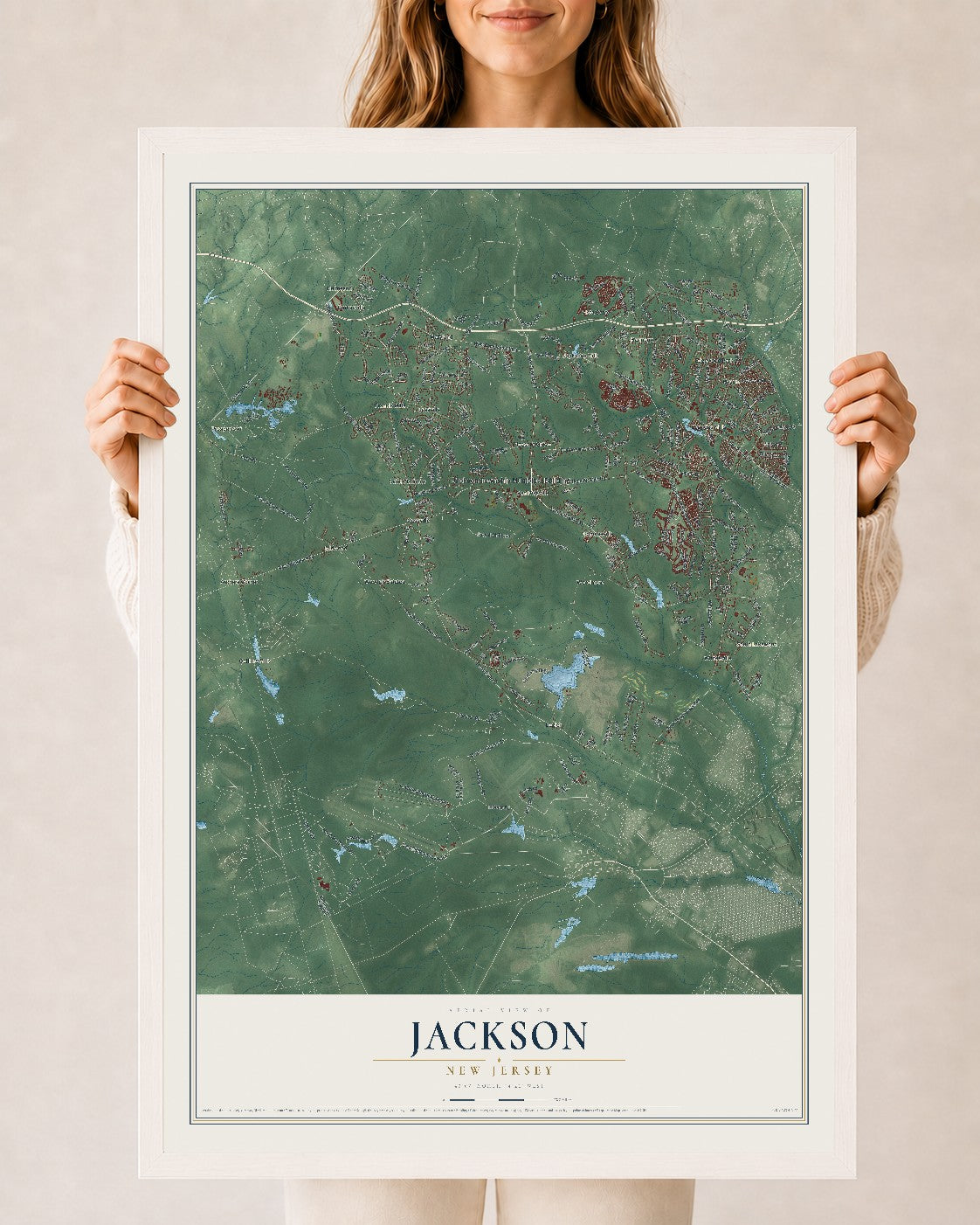 Jackson, New Jersey map print, 24" x 36" W/ White Ayous Wood Frame mockup