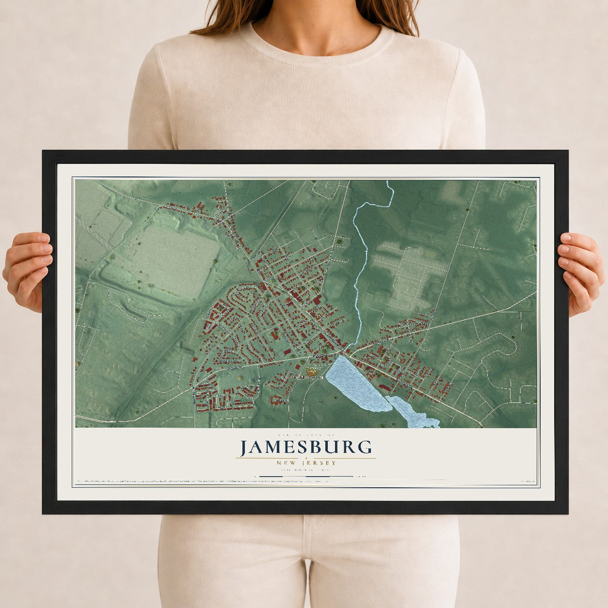 Jamesburg, New Jersey map print, 12" x 18" W/ Black Ayous Wood Frame mockup