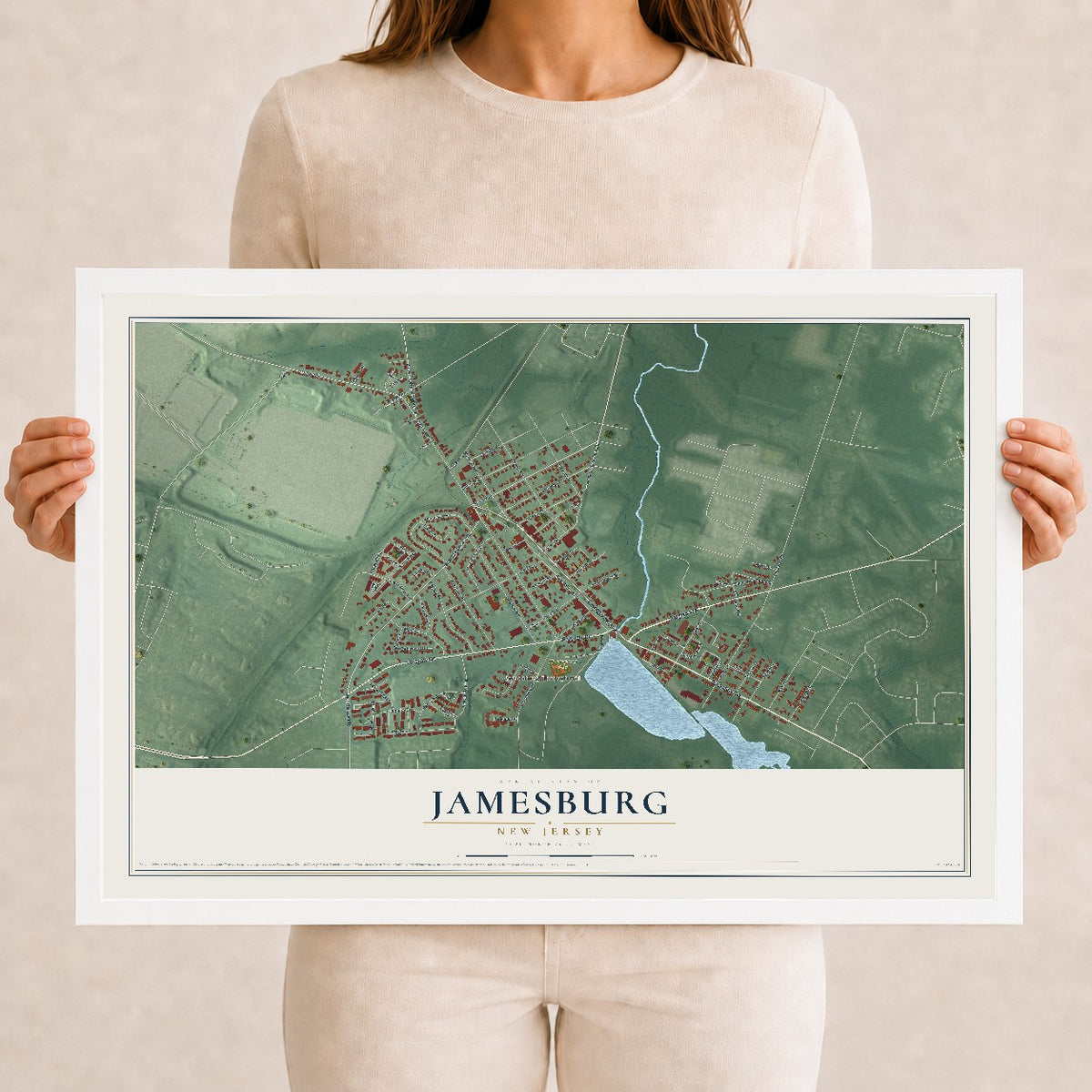 Jamesburg, New Jersey map print, 12" x 18" W/ White Ayous Wood Frame mockup