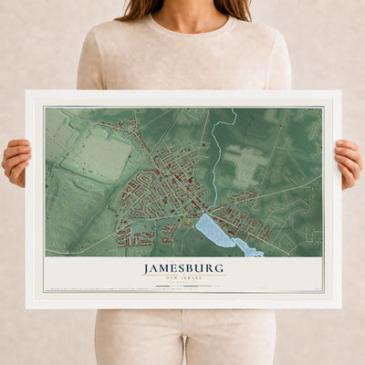 Jamesburg, New Jersey map print, 12" x 18" W/ White Ayous Wood Frame mockup