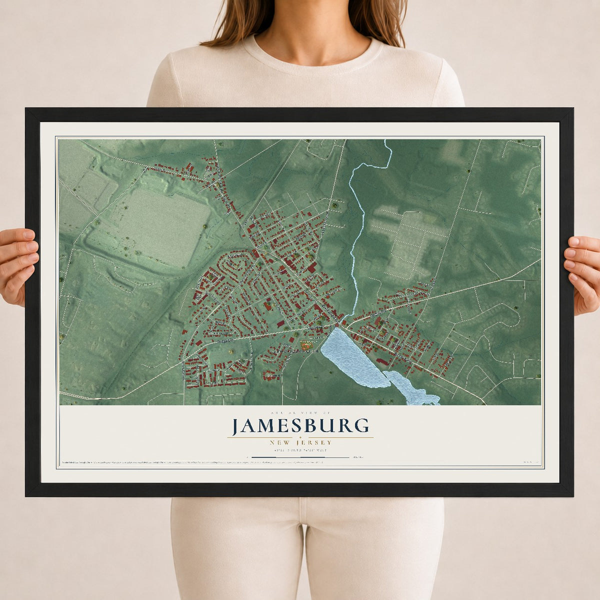 Jamesburg, New Jersey map print, 18" x 24" W/ Black Ayous Wood Frame mockup