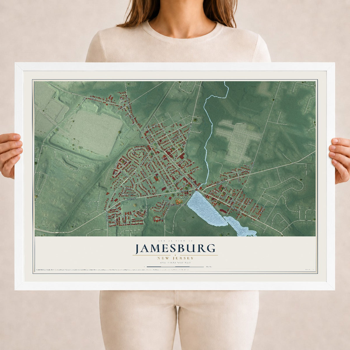 Jamesburg, New Jersey map print, 18" x 24" W/ White Ayous Wood Frame mockup