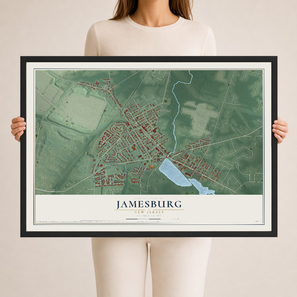 Jamesburg, New Jersey map print, 24" x 36" W/ Black Ayous Wood Frame mockup