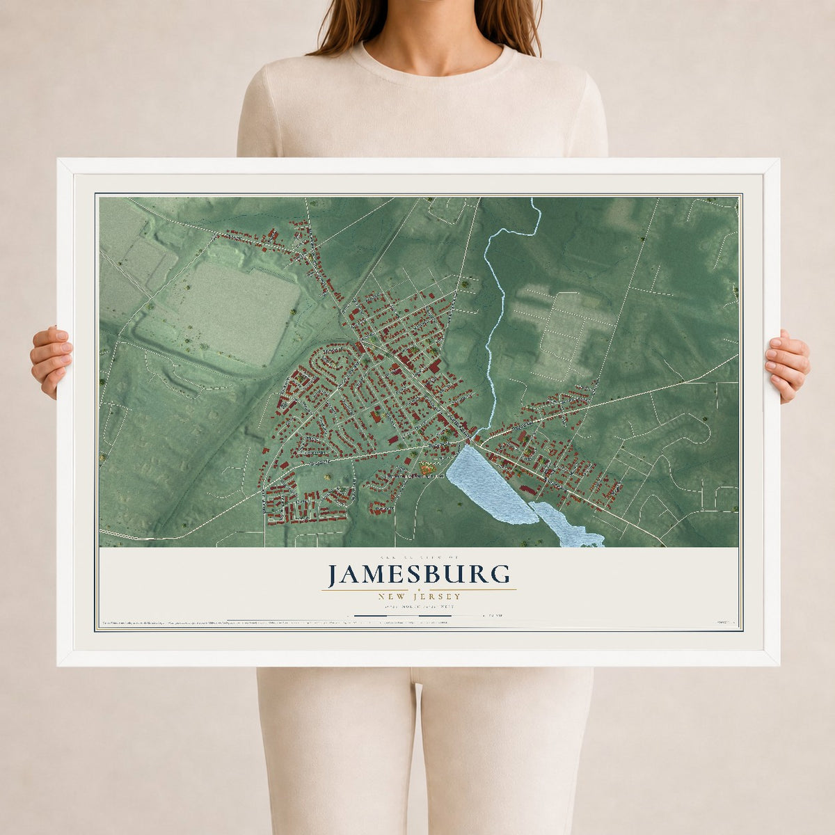 Jamesburg, New Jersey map print, 24" x 36" W/ White Ayous Wood Frame mockup