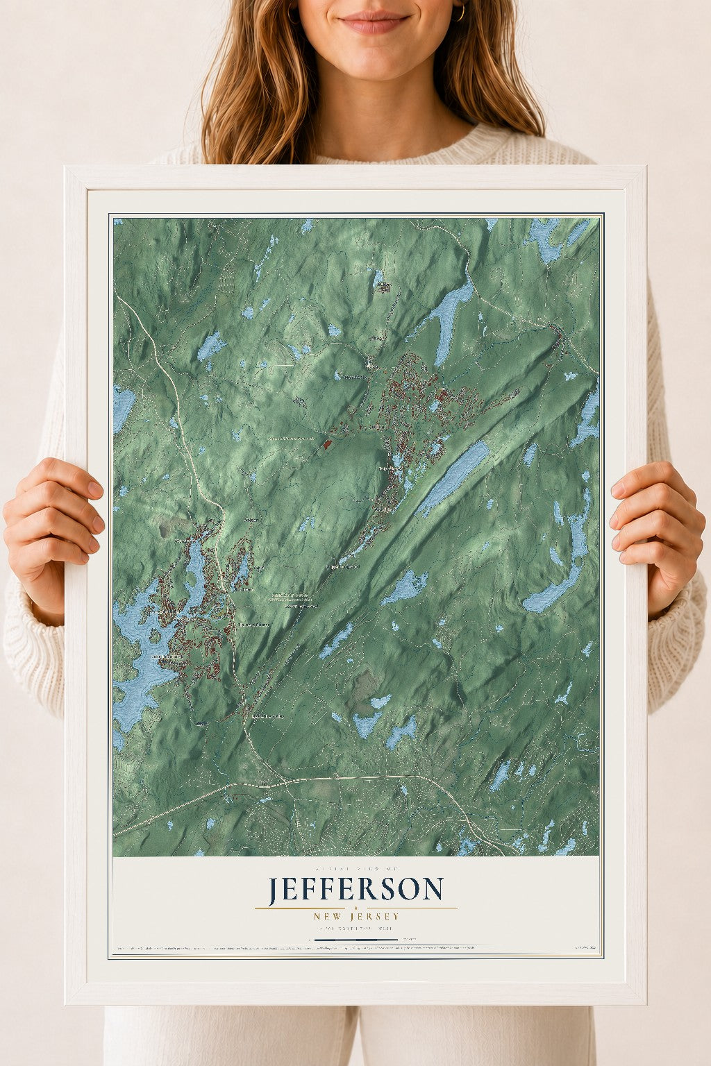 Jefferson, New Jersey map print, 18" x 24" W/ White Ayous Wood Frame mockup