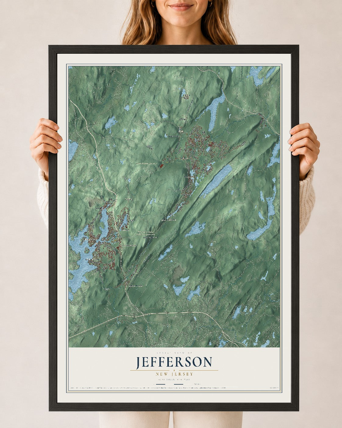 Jefferson, New Jersey map print, 24" x 36" W/ Black Ayous Wood Frame mockup