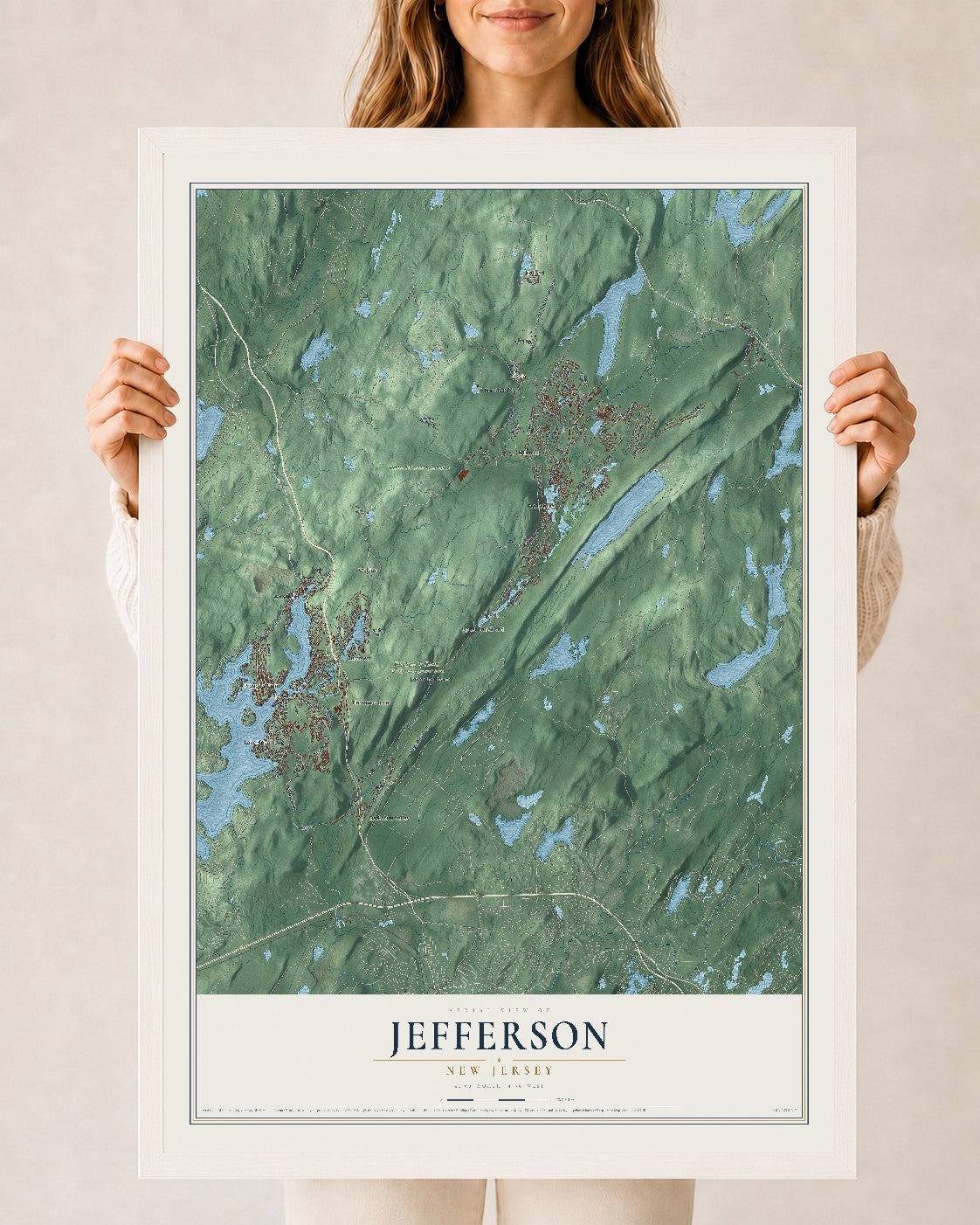 Jefferson, New Jersey map print, 24" x 36" W/ White Ayous Wood Frame mockup