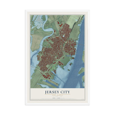 Jersey City, New Jersey map print, 12" x 18" W/ White Ayous Wood Frame mockup