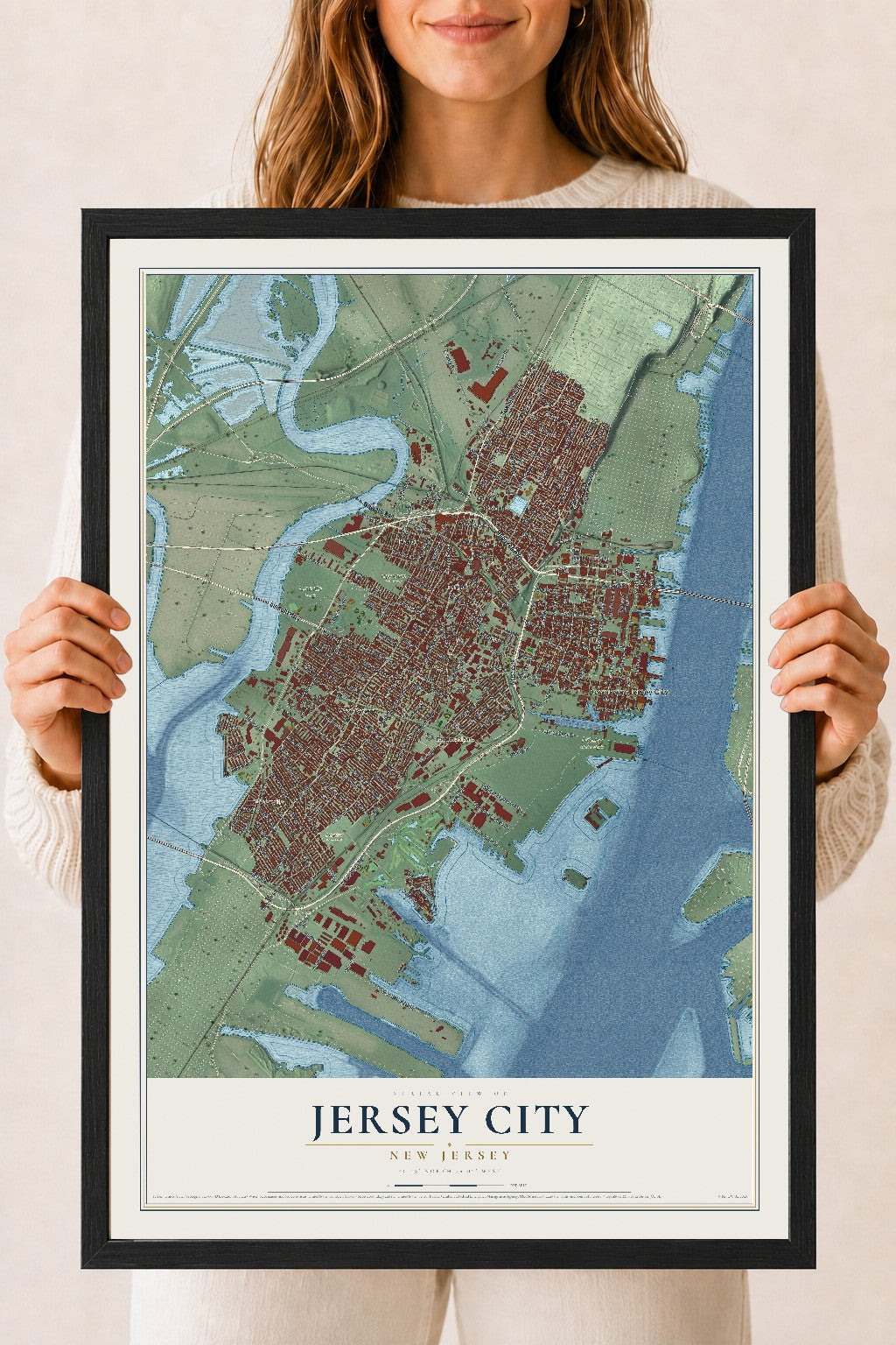 Jersey City, New Jersey map print, 18" x 24" W/ Black Ayous Wood Frame mockup