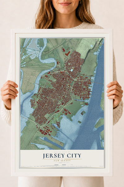 Jersey City, New Jersey map print, 18" x 24" W/ White Ayous Wood Frame mockup