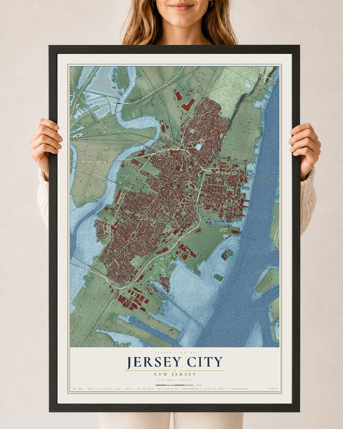 Jersey City, New Jersey map print, 24" x 36" W/ Black Ayous Wood Frame mockup