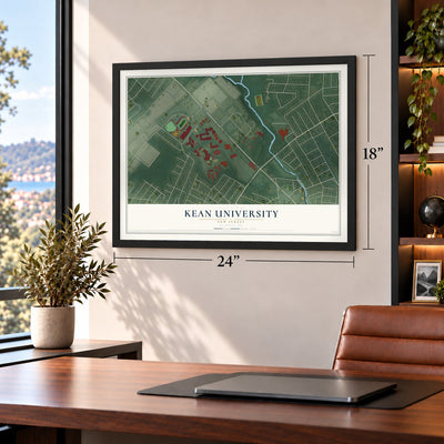 Kean University, New Jersey map, 18 x 24 inch print in a black frame in a home office