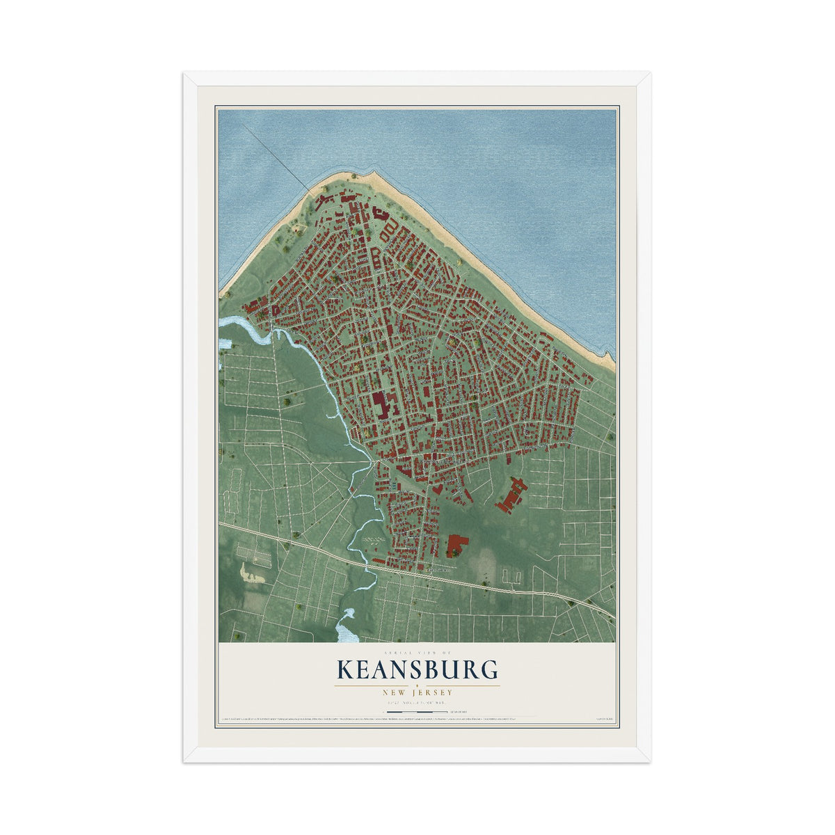 Keansburg, New Jersey map print, 12" x 18" W/ White Ayous Wood Frame mockup