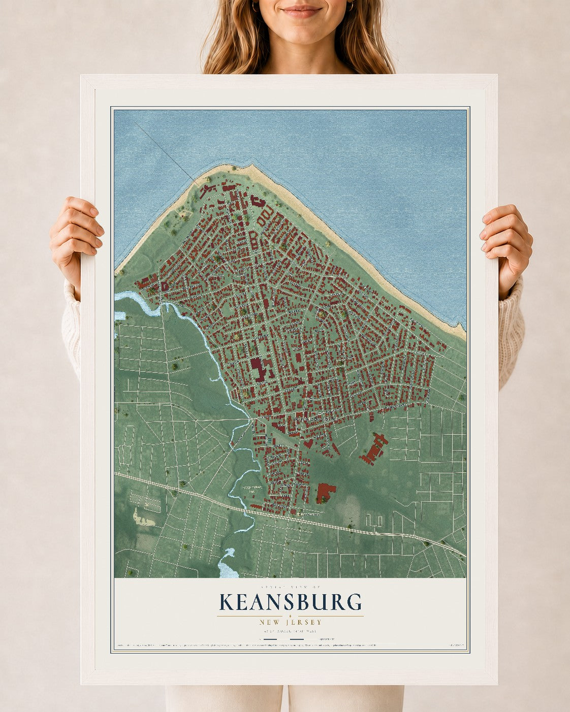 Keansburg, New Jersey map print, 24" x 36" W/ White Ayous Wood Frame mockup