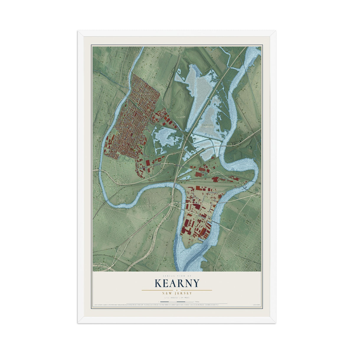 Kearny, New Jersey map print, 12" x 18" W/ White Ayous Wood Frame mockup
