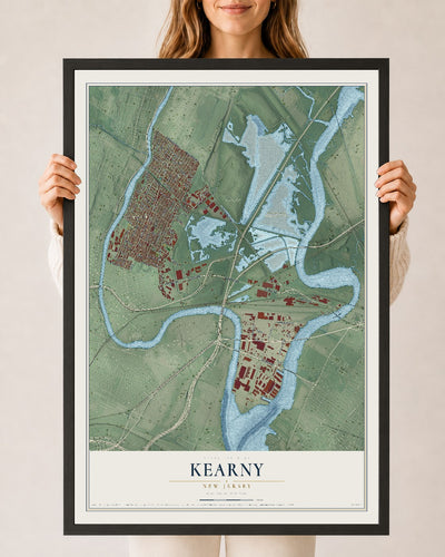 Kearny, New Jersey map print, 24" x 36" W/ Black Ayous Wood Frame mockup