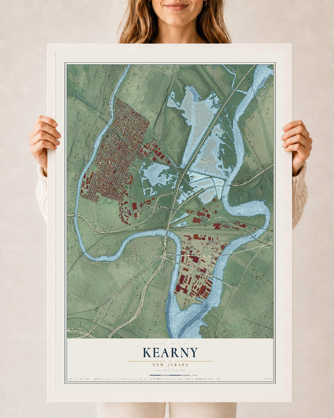 Kearny, New Jersey map print, 24" x 36" W/ White Ayous Wood Frame mockup