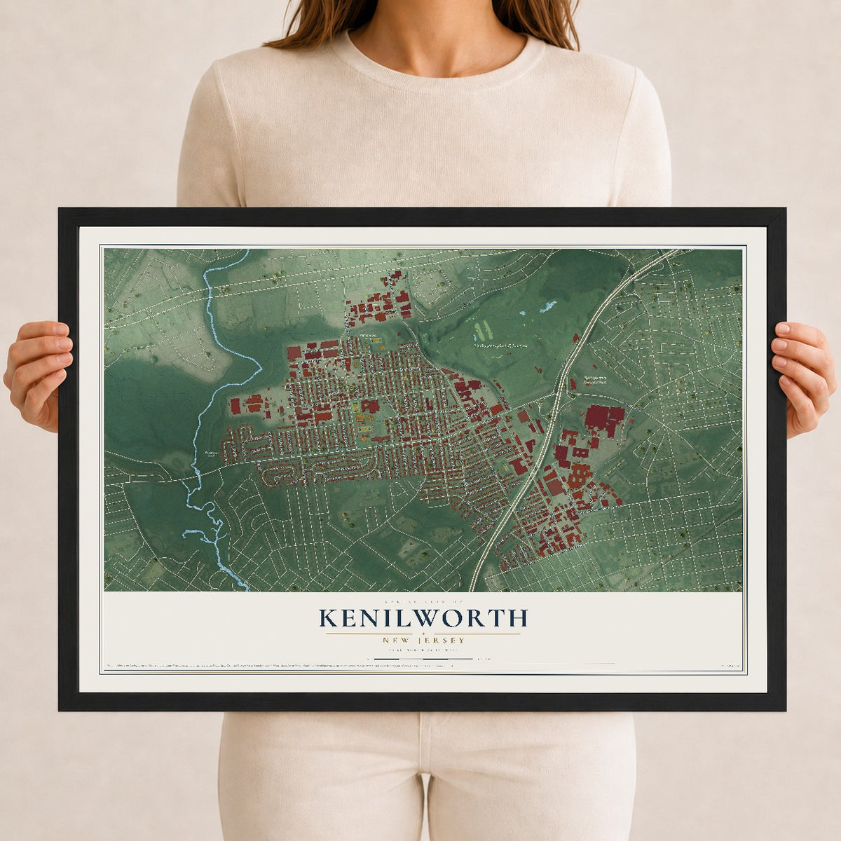 Kenilworth, New Jersey map print, 12" x 18" W/ Black Ayous Wood Frame mockup