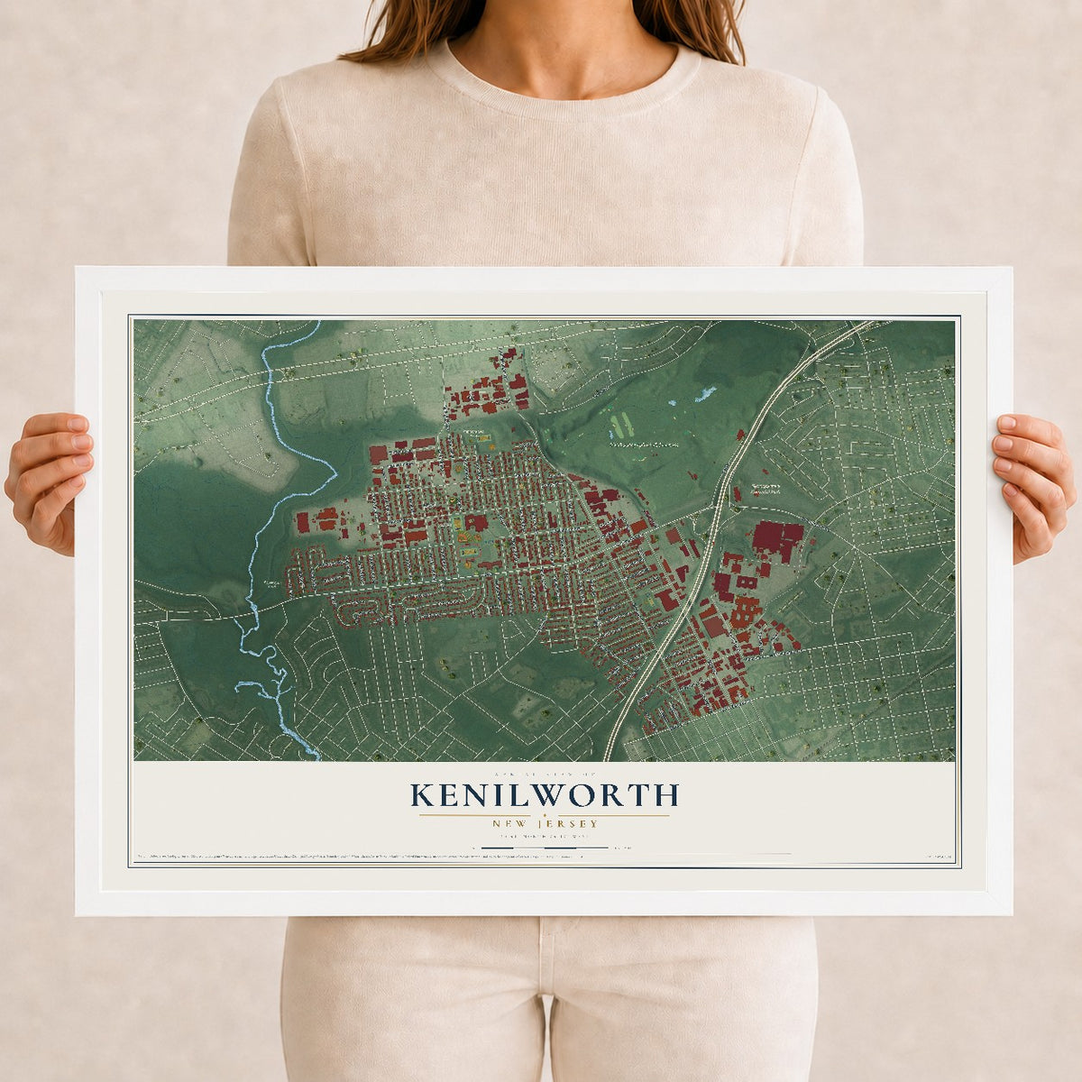 Kenilworth, New Jersey map print, 12" x 18" W/ White Ayous Wood Frame mockup