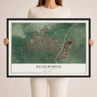 Kenilworth, New Jersey map print, 24" x 36" W/ Black Ayous Wood Frame mockup