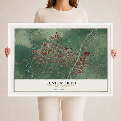 Kenilworth, New Jersey map print, 24" x 36" W/ White Ayous Wood Frame mockup