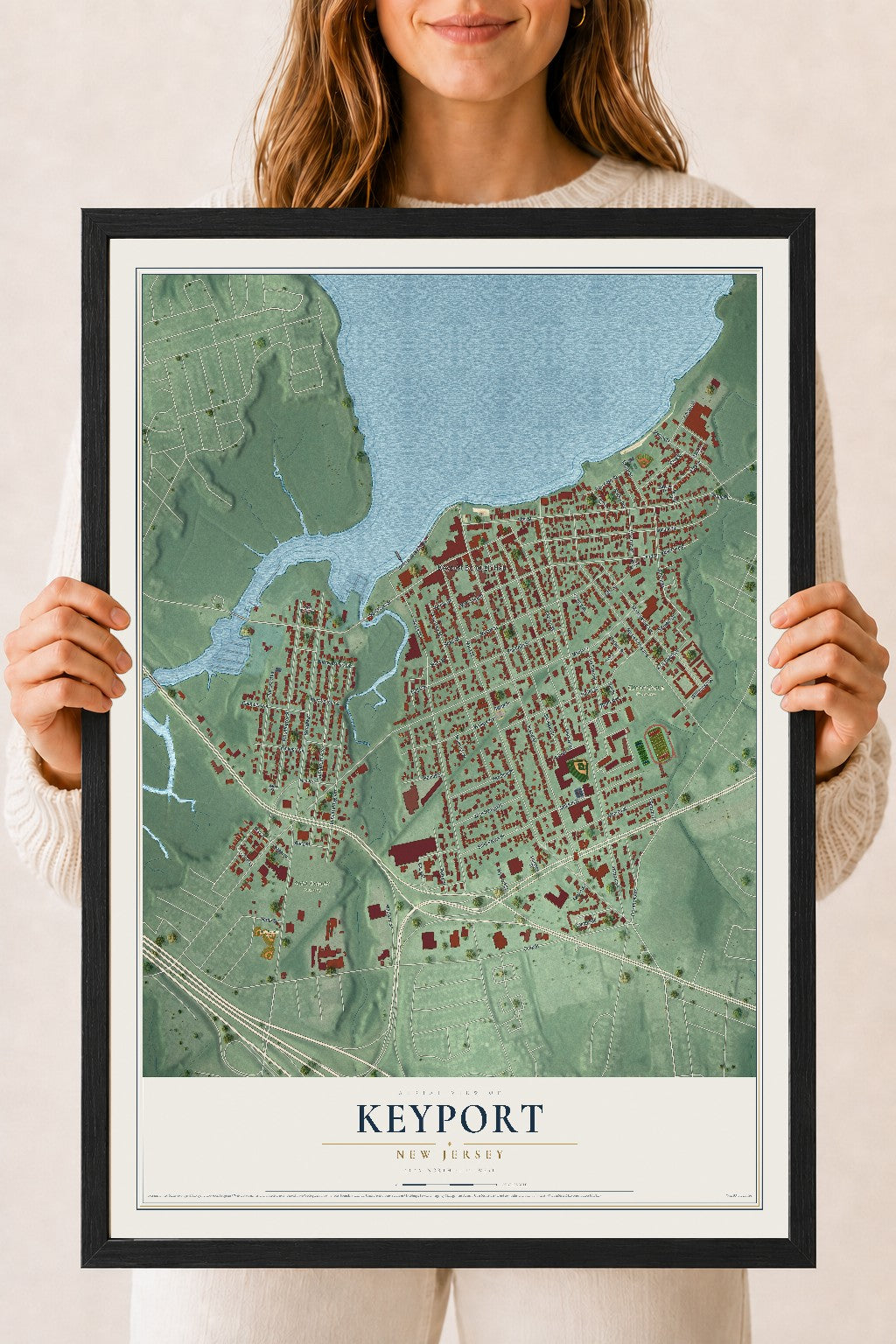 Keyport, New Jersey map print, 18" x 24" W/ Black Ayous Wood Frame mockup