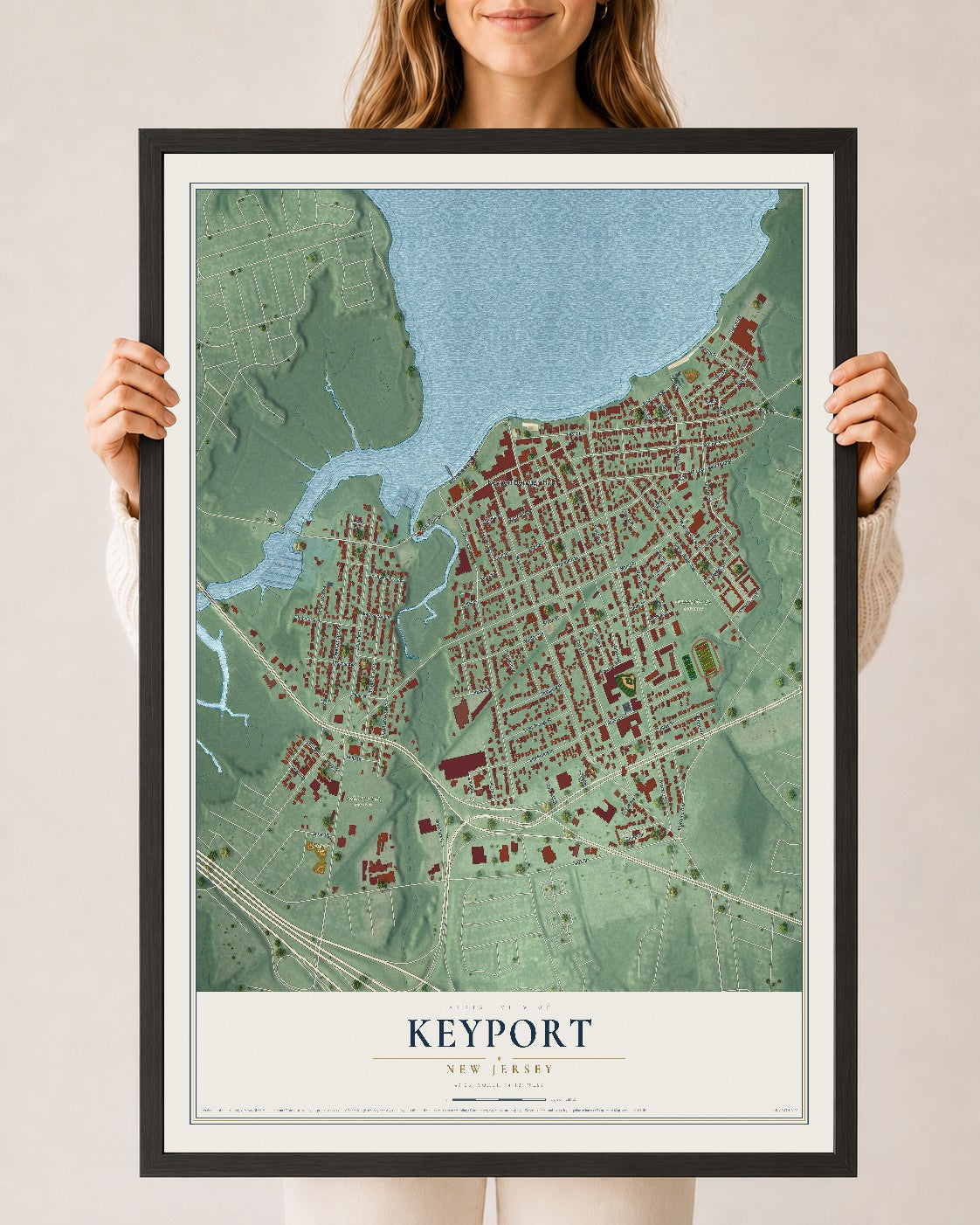 Keyport, New Jersey map print, 24" x 36" W/ Black Ayous Wood Frame mockup