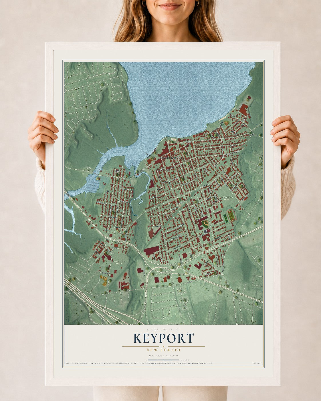 Keyport, New Jersey map print, 24" x 36" W/ White Ayous Wood Frame mockup