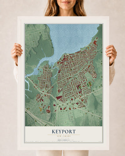 Keyport, New Jersey map print, 24" x 36" W/ White Ayous Wood Frame mockup