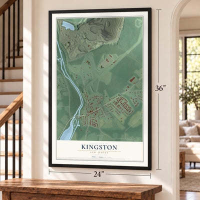 Kingston, New Jersey map, 24 x 36 inch print in a black frame by a staircase