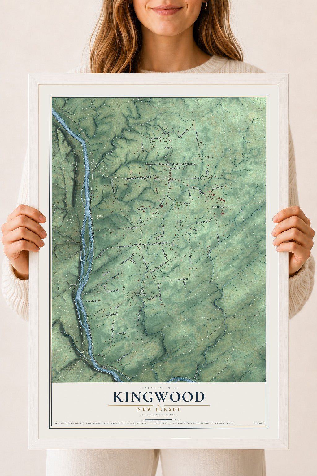 Kingwood, New Jersey map print, 18" x 24" W/ White Ayous Wood Frame mockup