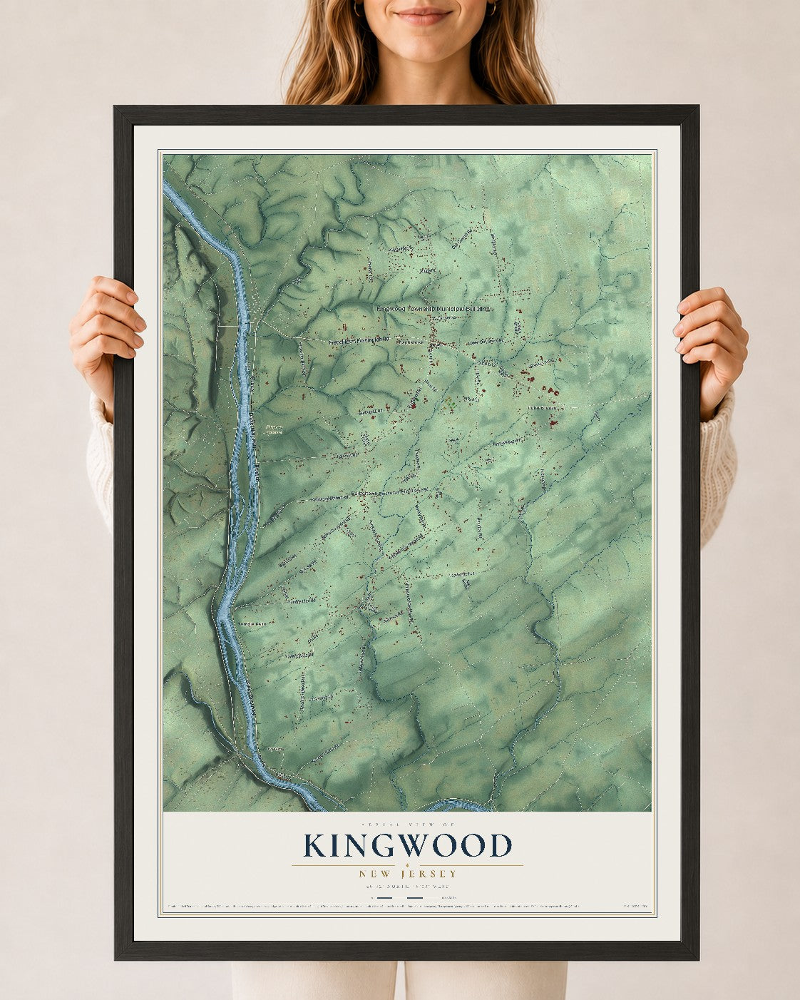 Kingwood, New Jersey map print, 24" x 36" W/ Black Ayous Wood Frame mockup