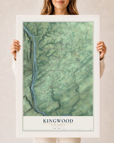 Kingwood, New Jersey map print, 24" x 36" W/ White Ayous Wood Frame mockup