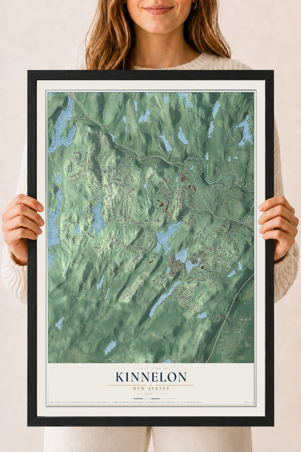 Kinnelon, New Jersey map print, 18" x 24" W/ Black Ayous Wood Frame mockup