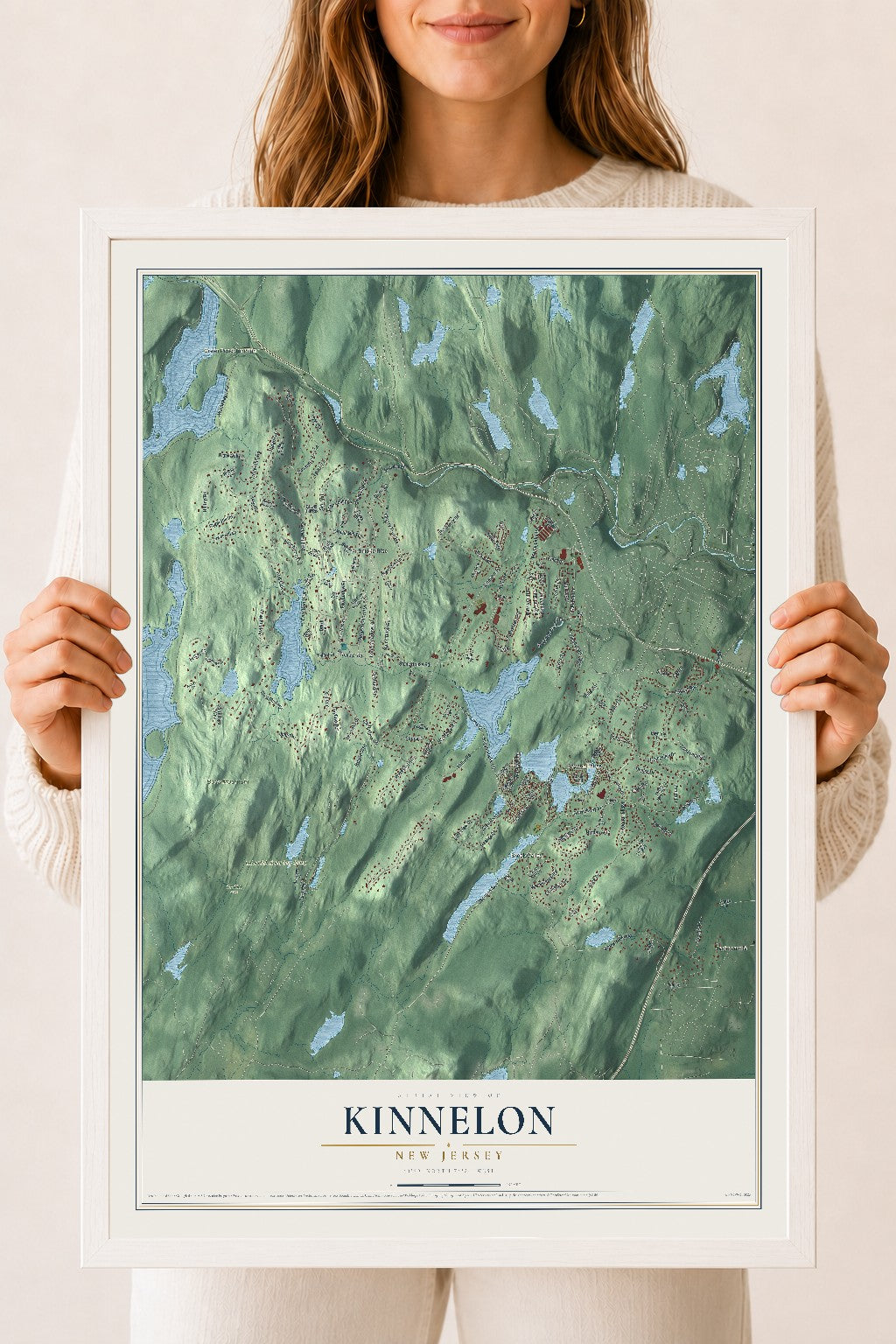 Kinnelon, New Jersey map print, 18" x 24" W/ White Ayous Wood Frame mockup