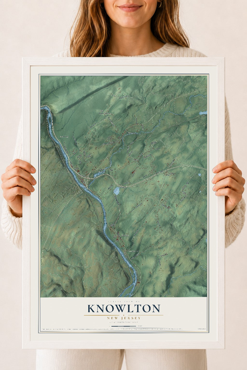Knowlton, New Jersey map print, 18" x 24" W/ White Ayous Wood Frame mockup