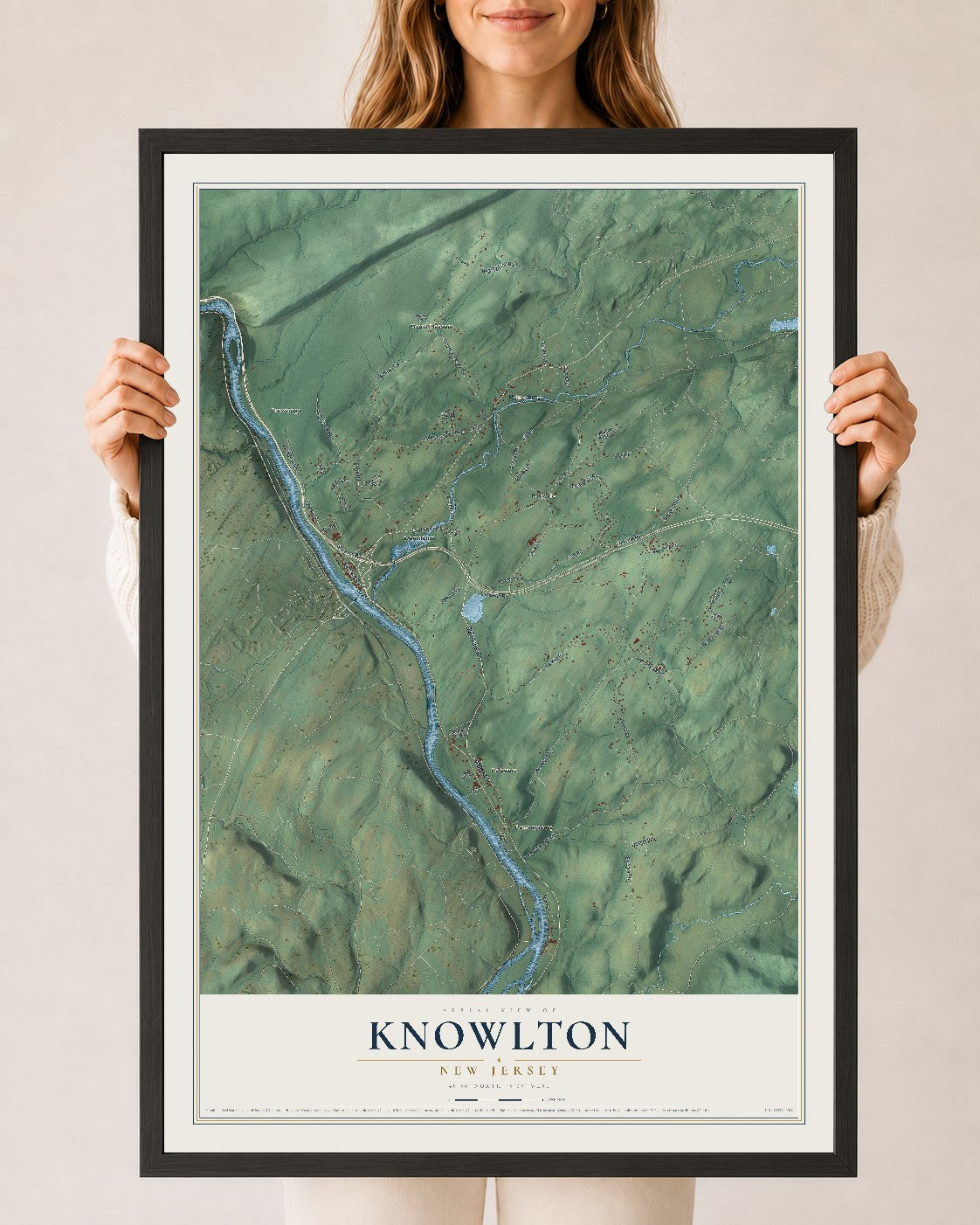 Knowlton, New Jersey map print, 24" x 36" W/ Black Ayous Wood Frame mockup