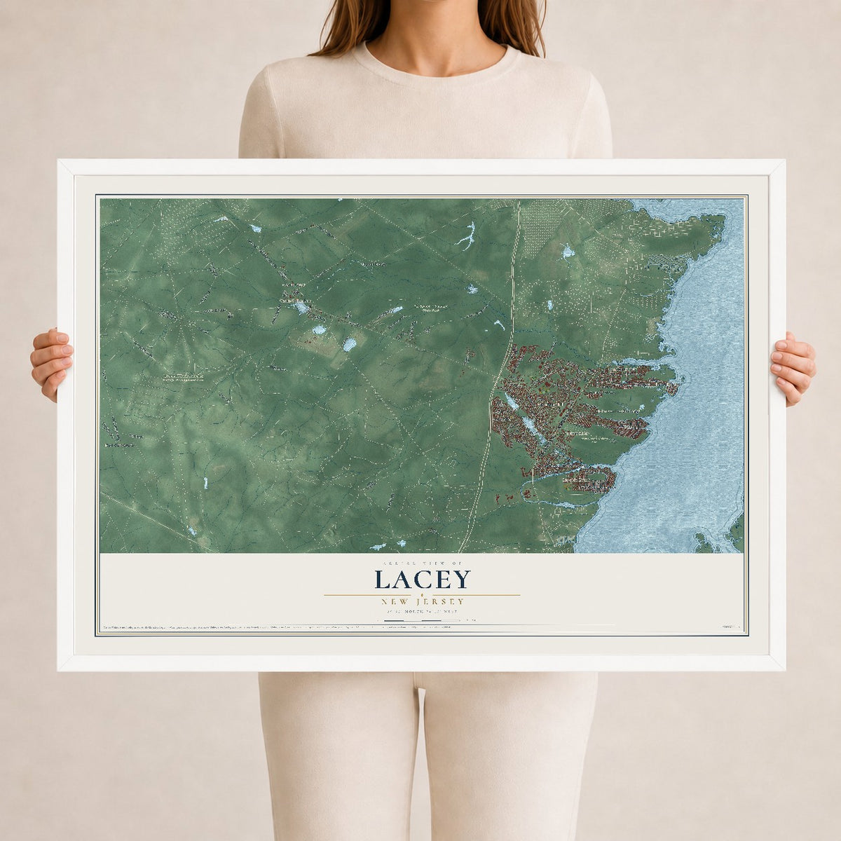 Lacey, New Jersey map print, 24" x 36" W/ White Ayous Wood Frame mockup