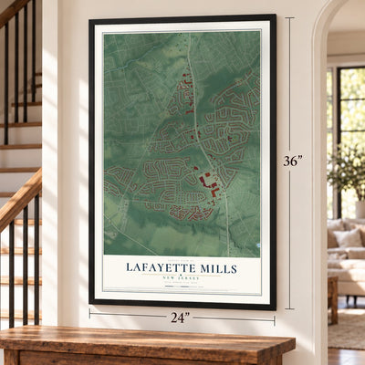 Lafayette Mills, New Jersey map, 24 x 36 inch print in a black frame by a staircase