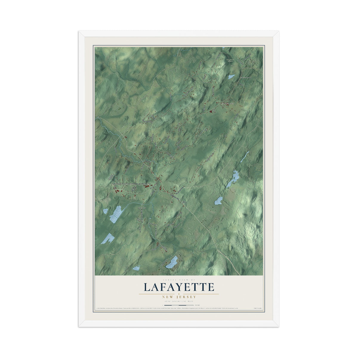 Lafayette, New Jersey map print, 12" x 18" W/ White Ayous Wood Frame mockup