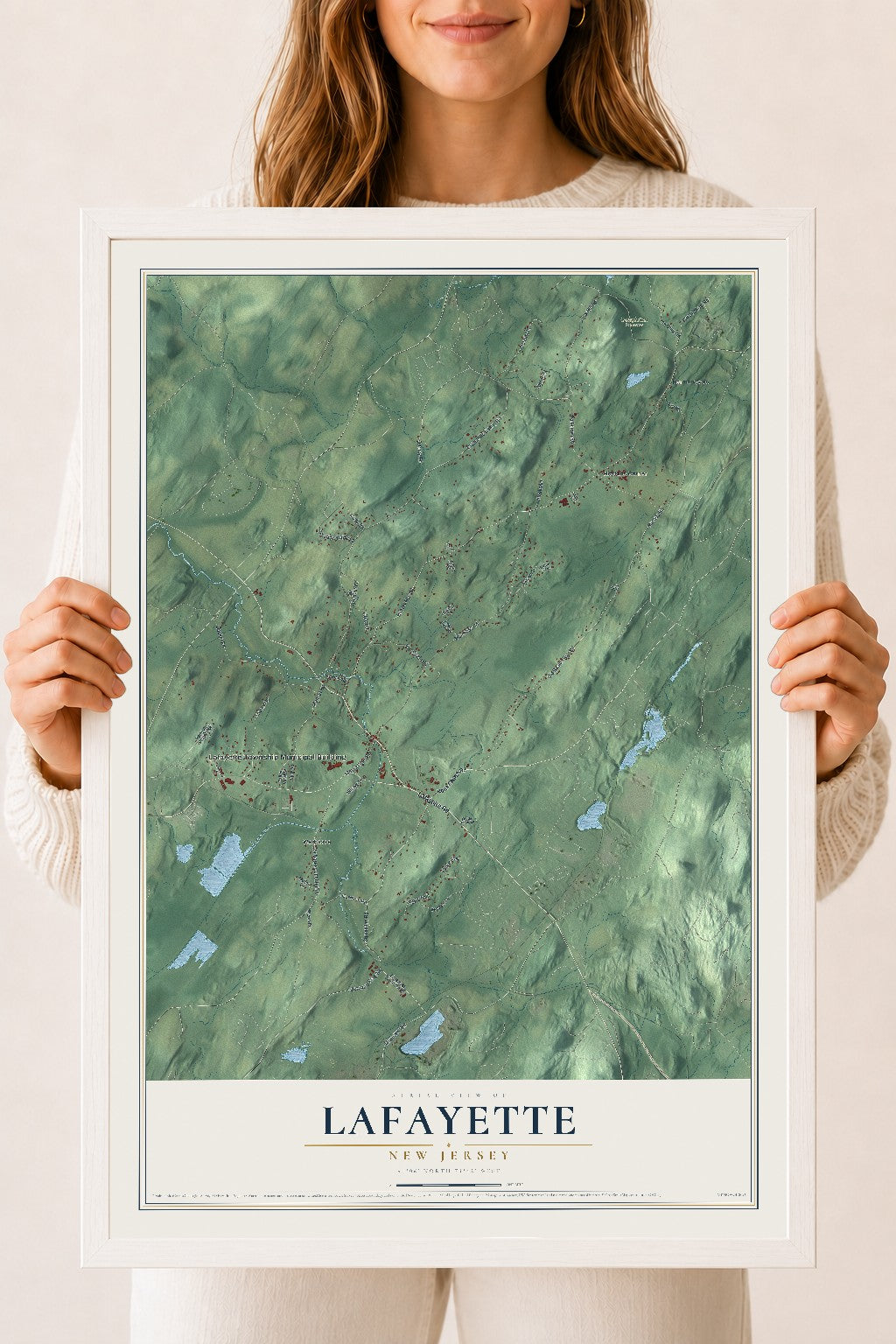 Lafayette, New Jersey map print, 18" x 24" W/ White Ayous Wood Frame mockup