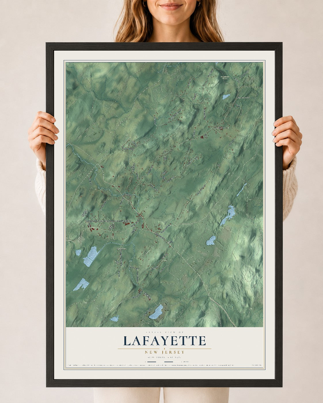 Lafayette, New Jersey map print, 24" x 36" W/ Black Ayous Wood Frame mockup