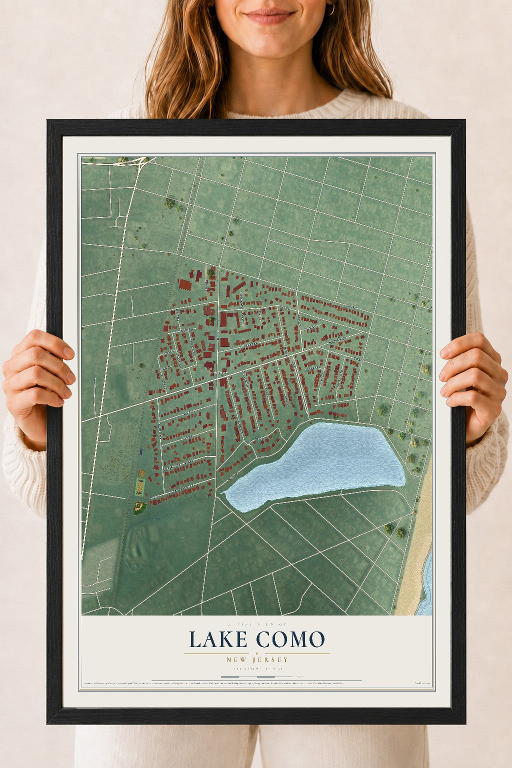 Lake Como, New Jersey map print, 18" x 24" W/ Black Ayous Wood Frame mockup