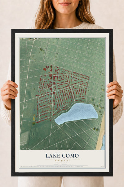 Lake Como, New Jersey map print, 18" x 24" W/ Black Ayous Wood Frame mockup